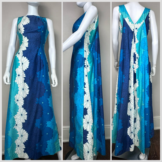 1960s Hawaiian Maxi Dress, Lauhala Hawaii Size Medium, Blue Floral