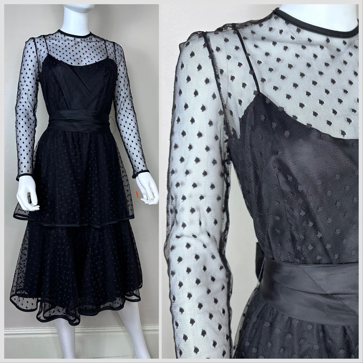 1980s Sheer Black Polka Dot Lace Dress Size Small