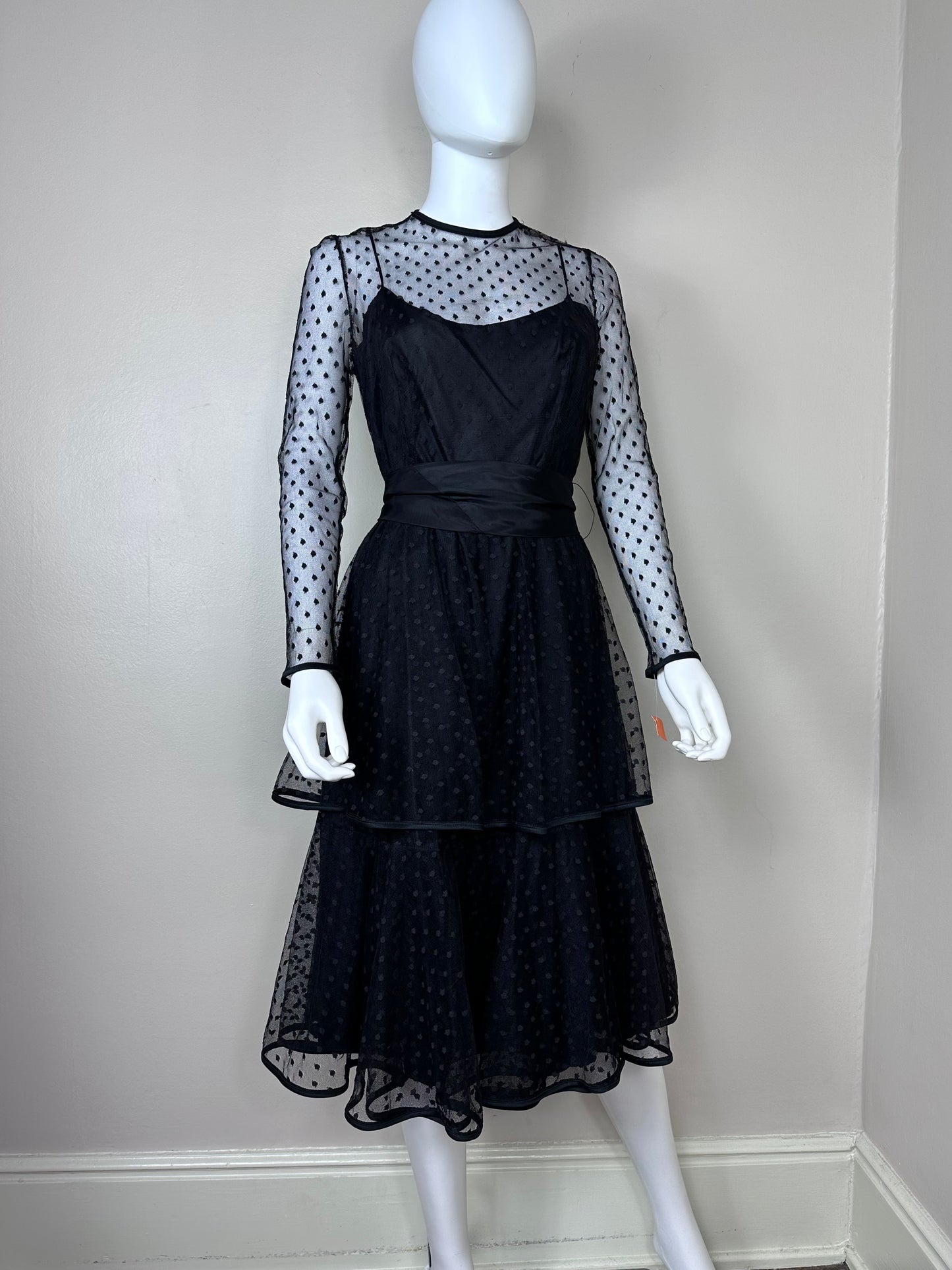 1980s Sheer Black Polka Dot Lace Dress Size Small