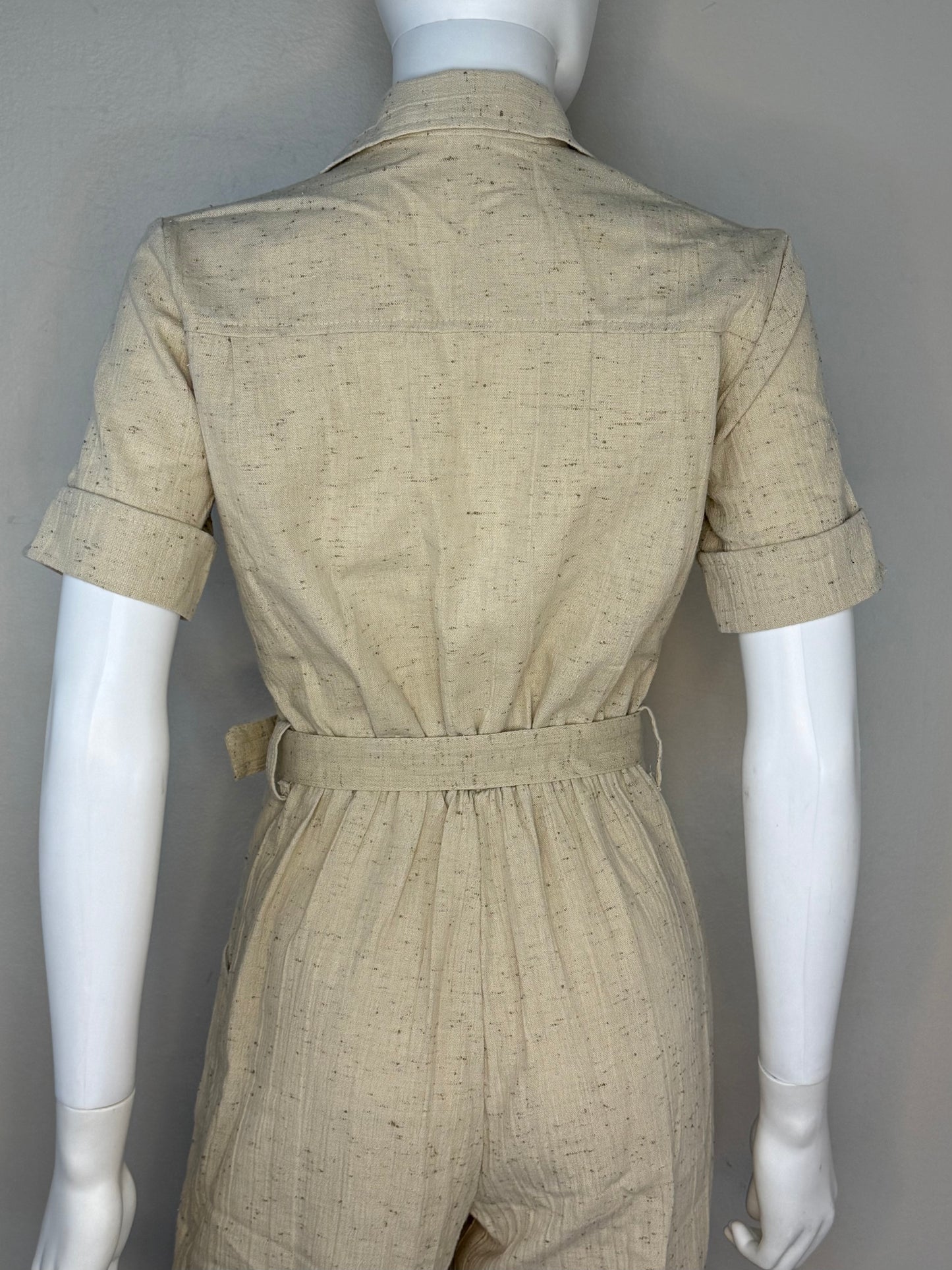 1970s Tan Safari Flare Leg Jumpsuit, Sears Jr Bazaar Size Small