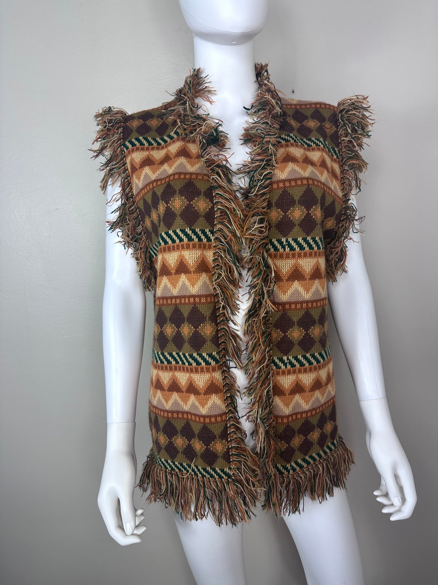 1970s Sweater Vest with Fringe, Expressions by Campus Size M-L, Geometric Stripe