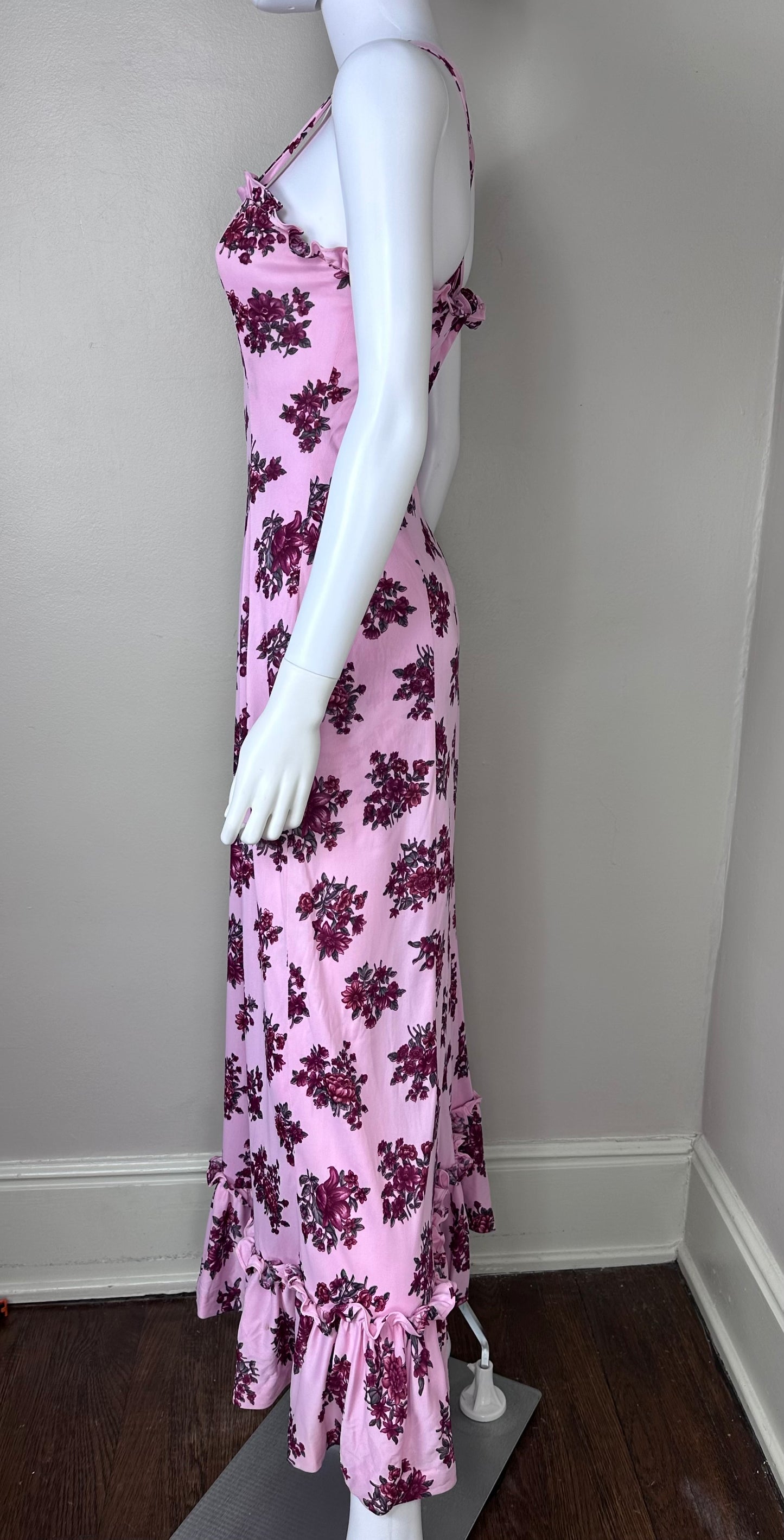 1970s Pink Floral Knit Maxi Dress, Mad Whirl Size XS