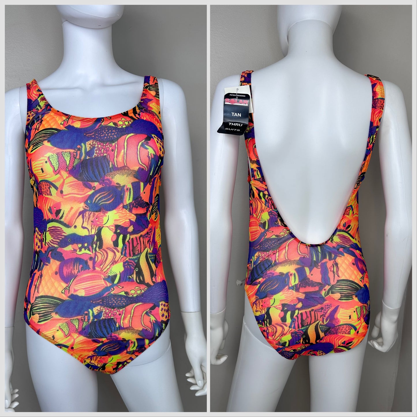 1980s Mesh Fish Print Swimsuit, One Piece, Solar Sportswear Tan Through Suit Size Small, Tanning Suits