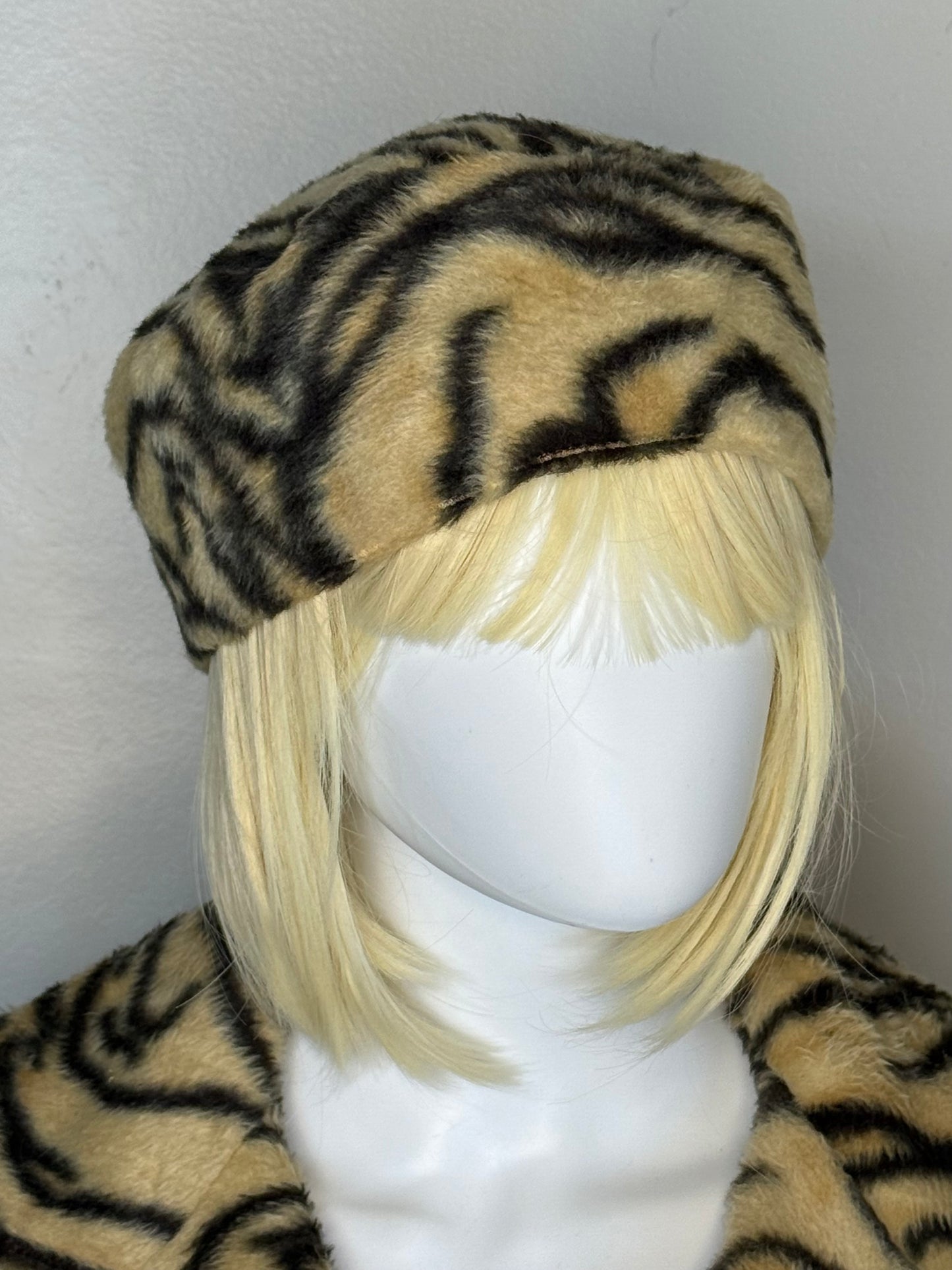 1960s Tiger Print Faux Fur Coat and Hat Set, Handmade Size Medium-Large