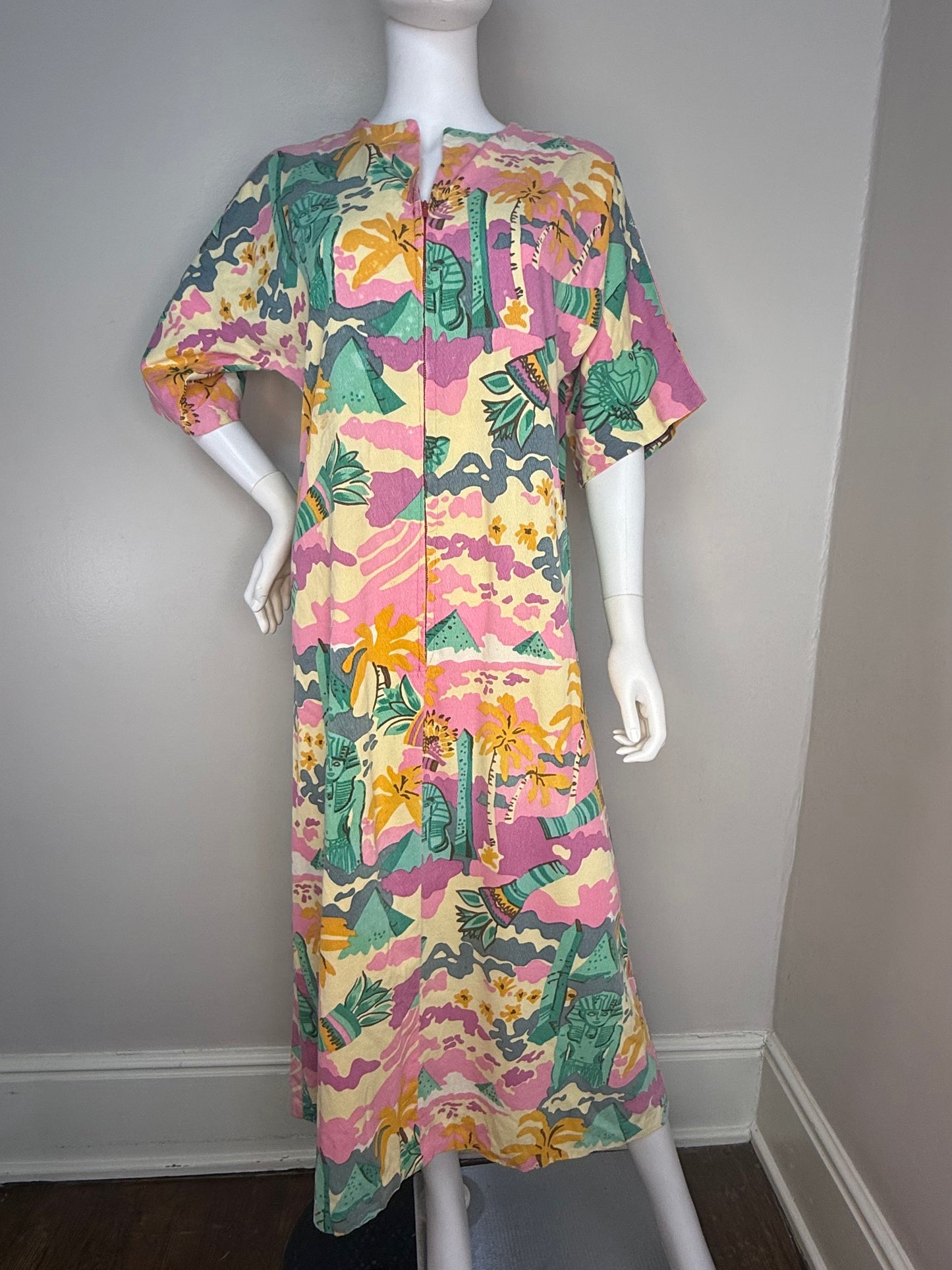 1960s/70s Psychedelic Egyptian Print Caftan Dress, Handmade Size Medium, Egyptomania