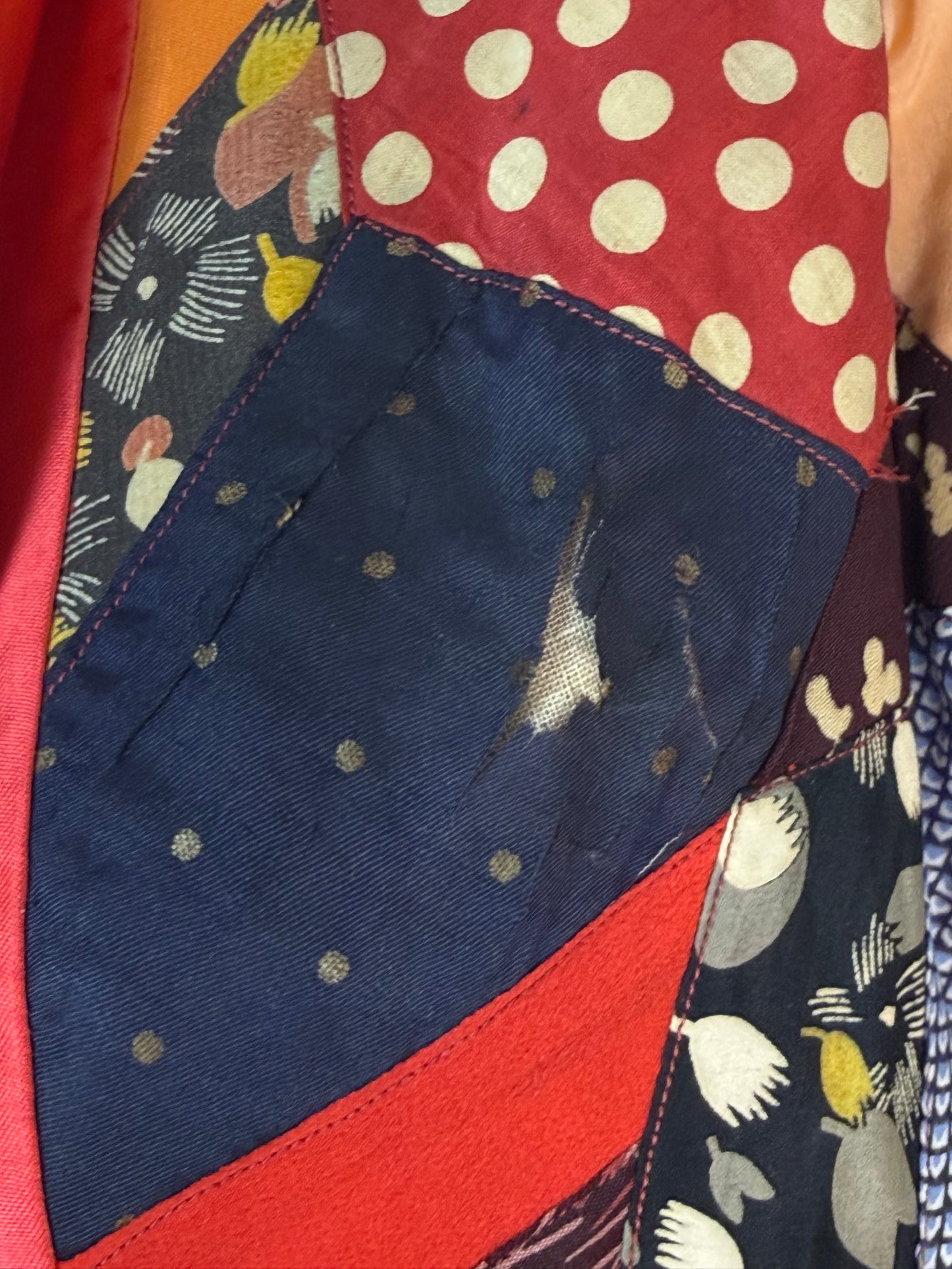 1920s/30s Patchwork Crazy Quilt Robe, Handmade Size XS-Small, Belt with Fringe Trim