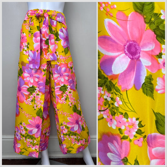 1970s Bright Floral Wrap Around Palazzo Pants, Handmade Size Medium-Large