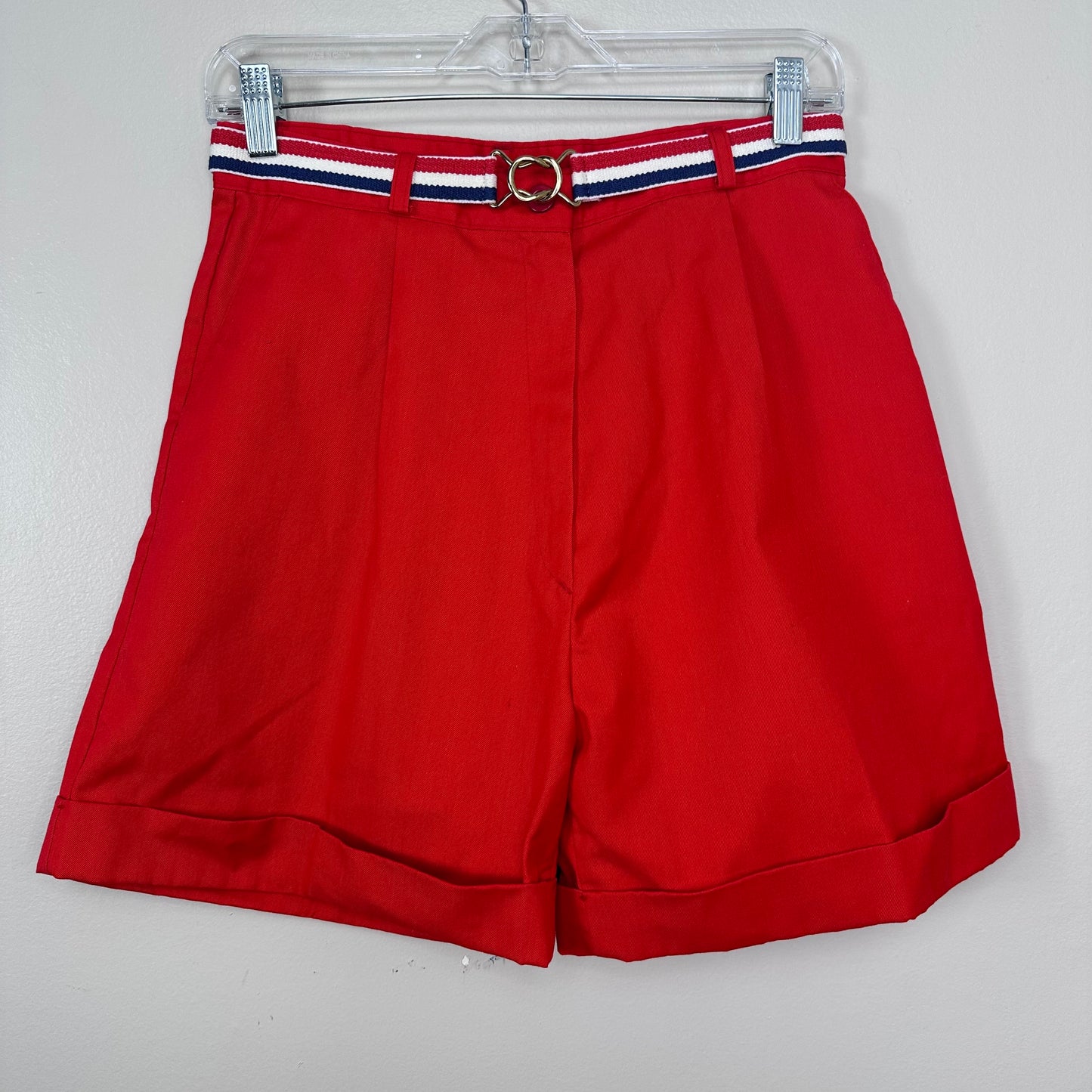 1980s Red Cuffed Shorts with Elastic Red White and Blue Stripe Belt, Catnip Size S/M