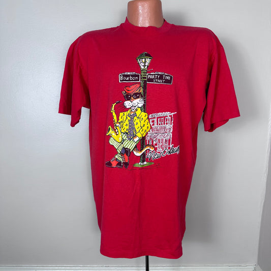 1980s/1990s New Orleans T-Shirt, Hanes Size XL, Jazz Cat, Bourbon Party Time Street