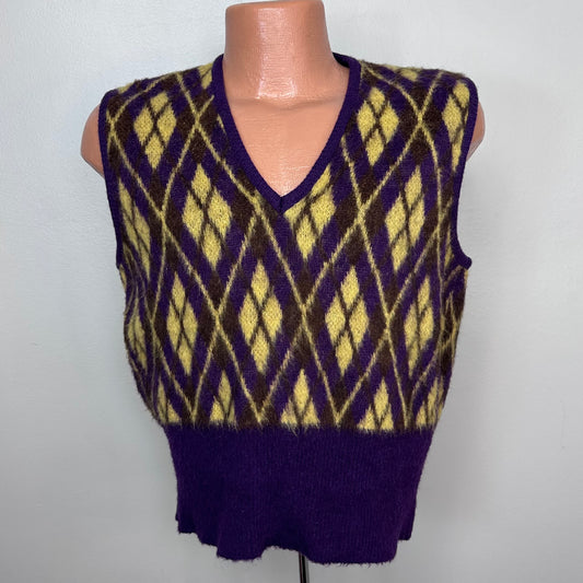 1970s Purple and Yellow Argyle Mohair Sweater Vest, Catalina Martin Size Medium