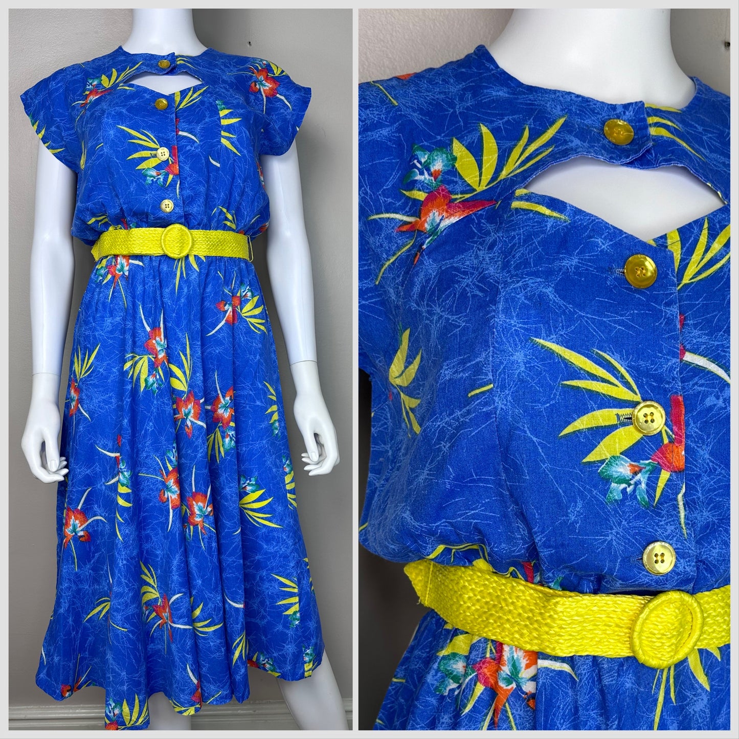 1980s Tropical Blue Floral Dress with Cut Out, Impromptu Size Medium