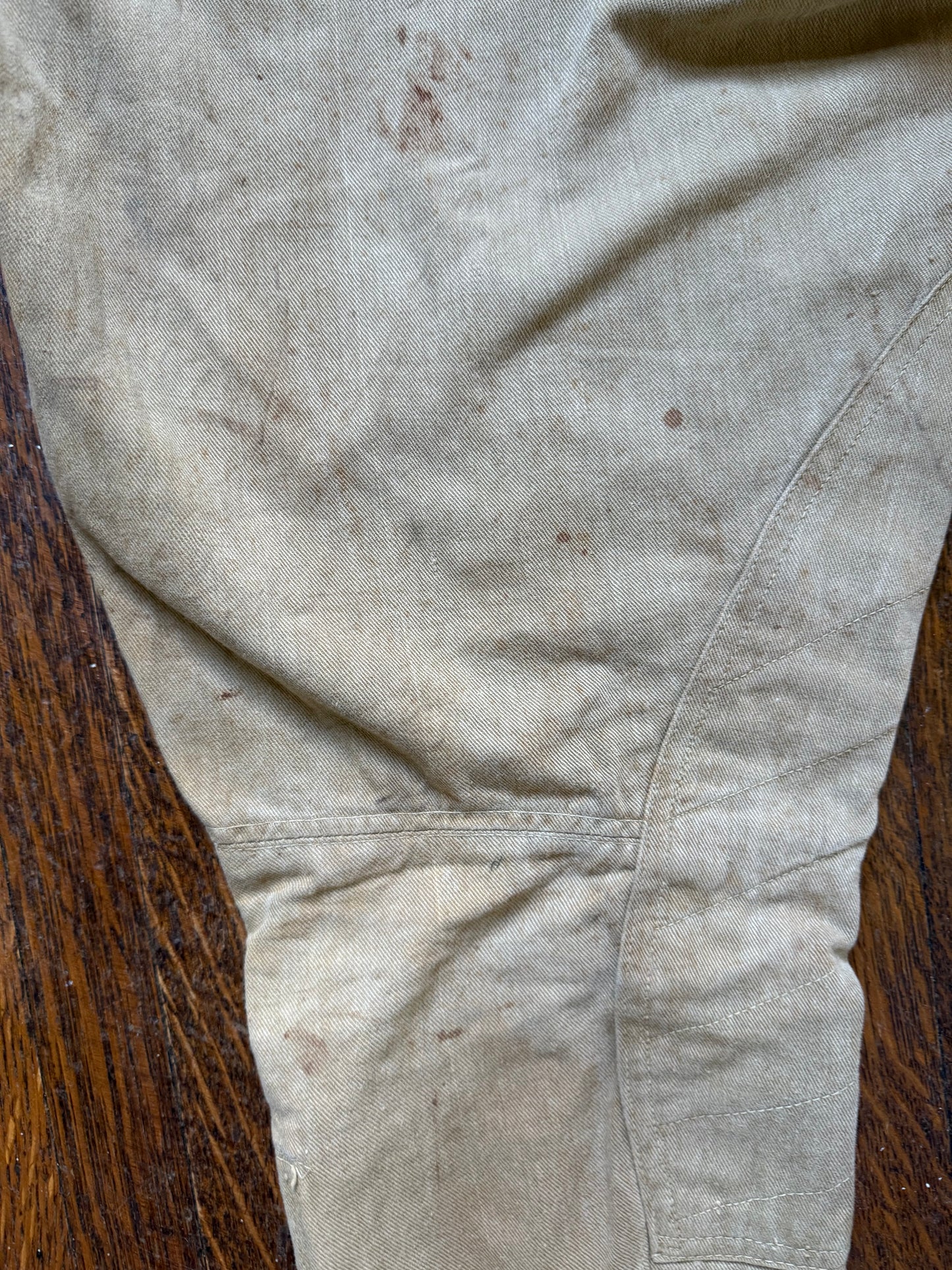 1910s WW1 Khaki Canvas Jodhpurs Pants, Summer Riding Breeches, Distressed Patina, 33"x26.25"