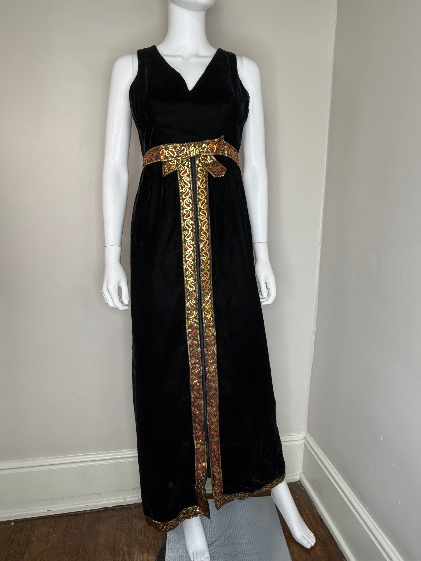 1960s Black Velvet Maxi Dress with Metallic Gold and Red Ribbon Trim, Size Small