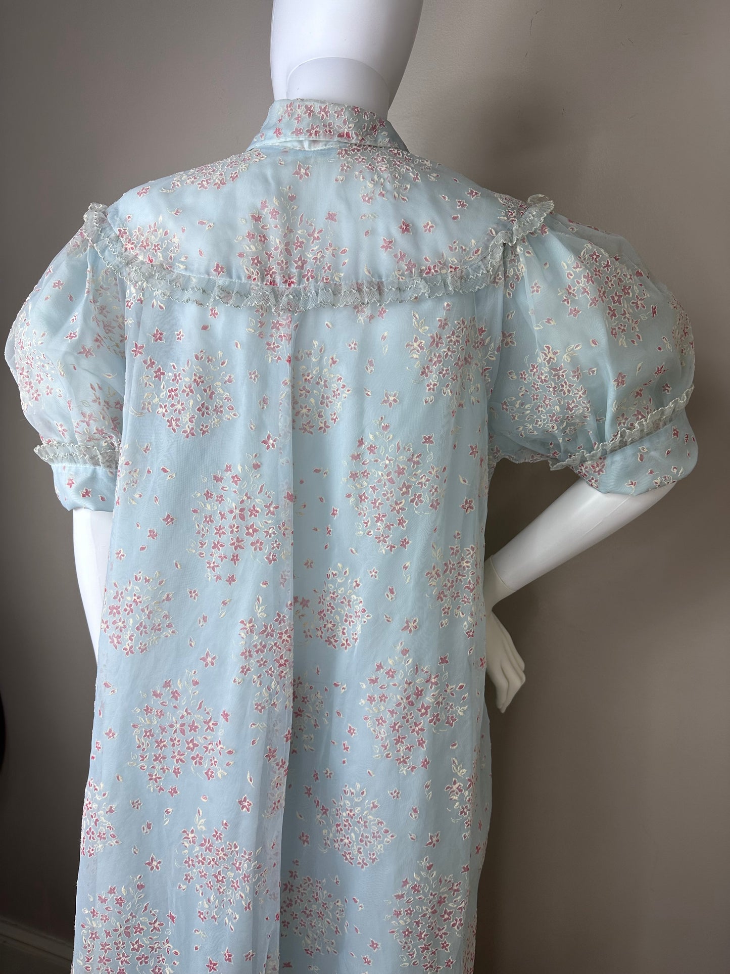 1950s Sheer Flocked Floral Robe, By Jane Joyce Size S/M