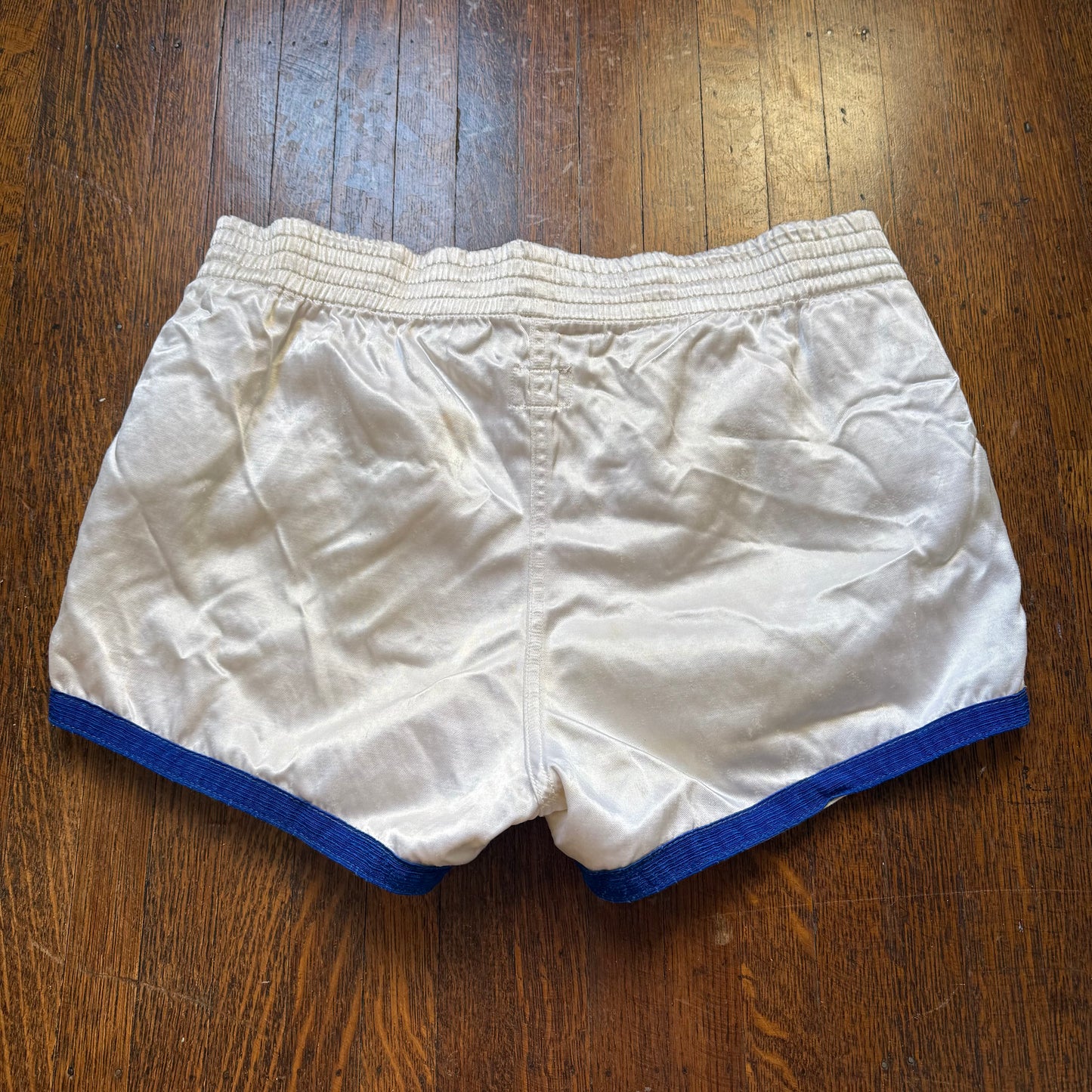 1940s White and Blue Satin Athletic Shorts, Belt, Padded Hips, Lawson Cavette Sporting Goods, Basketball? Boxing?