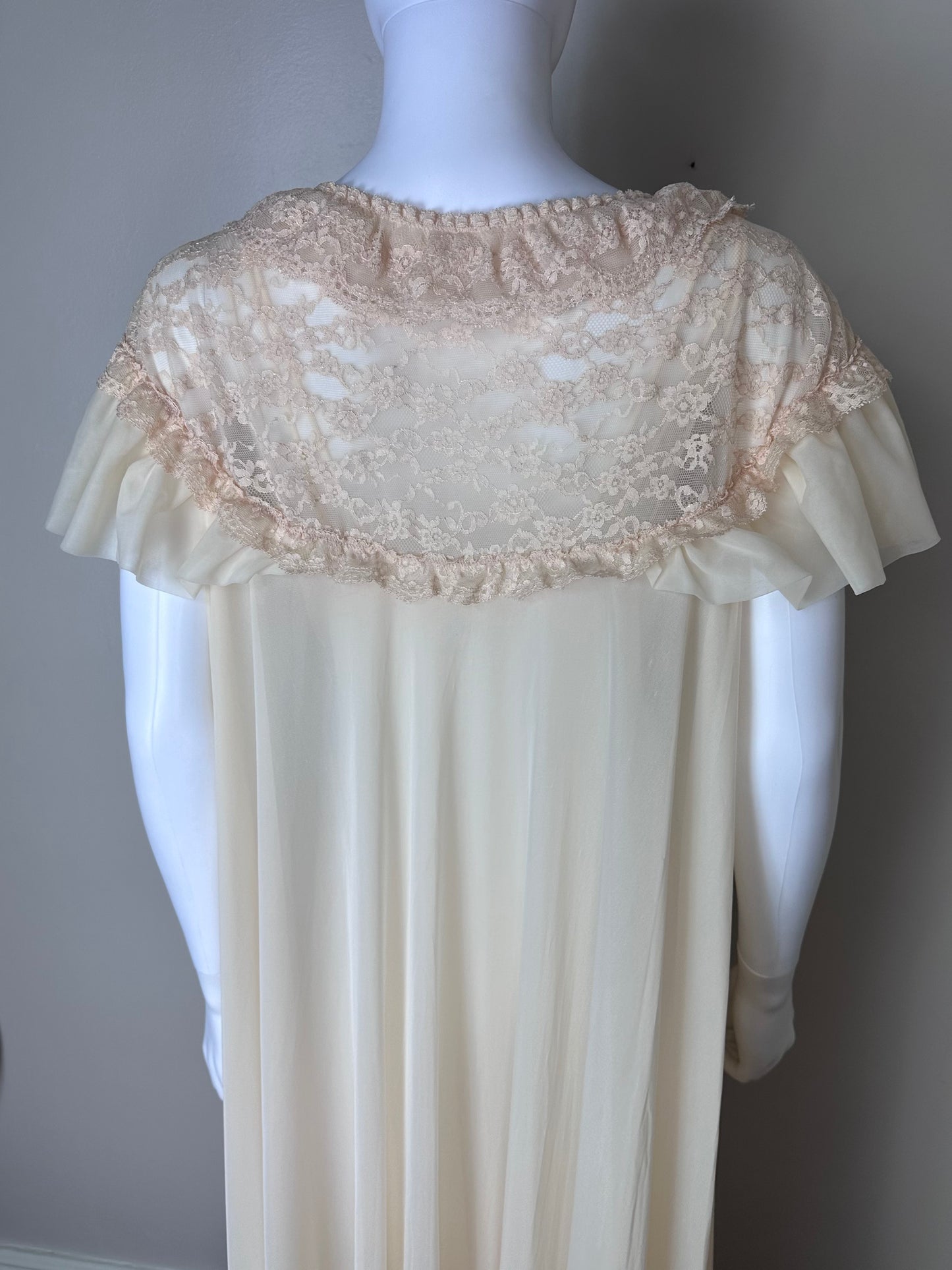 1950s Full Length Peignoir Set, Size Small, Sheer Cream Nylon, Lace, Vanity Fair, Night Gown and Robe