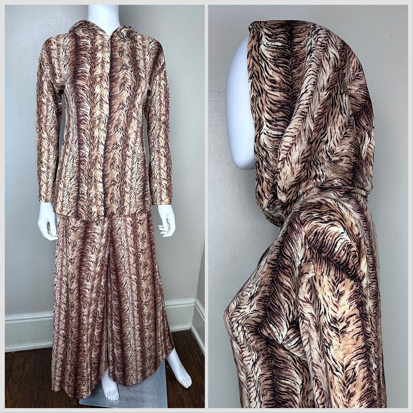 1970s Tiger Print Hooded Top and Palazzo Pants Set, Herman Marcus Dallas Size Small, Animal Print Loungewear Suit