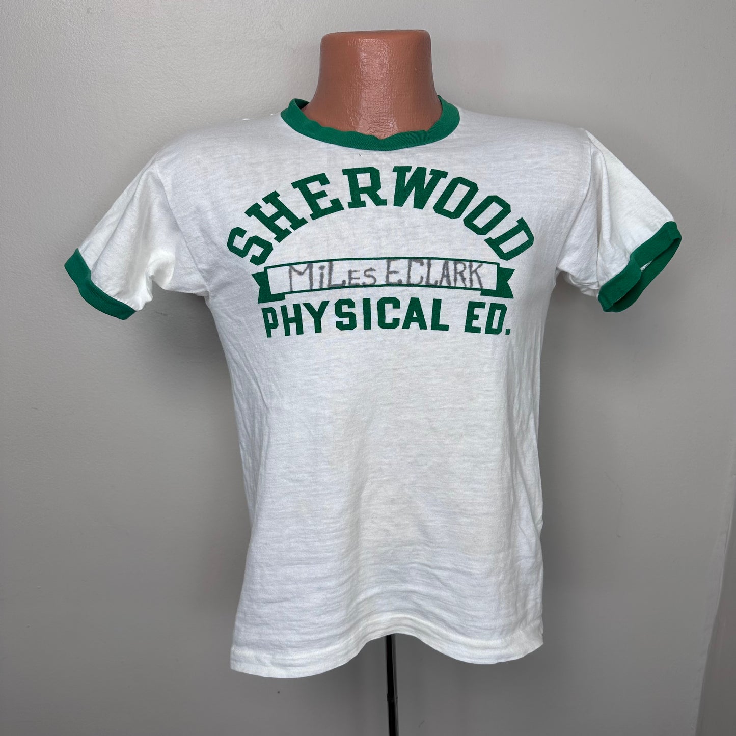 1960s Sherwood School Phys Ed T-Shirt, Champion Products Size Small, Ringer Tee