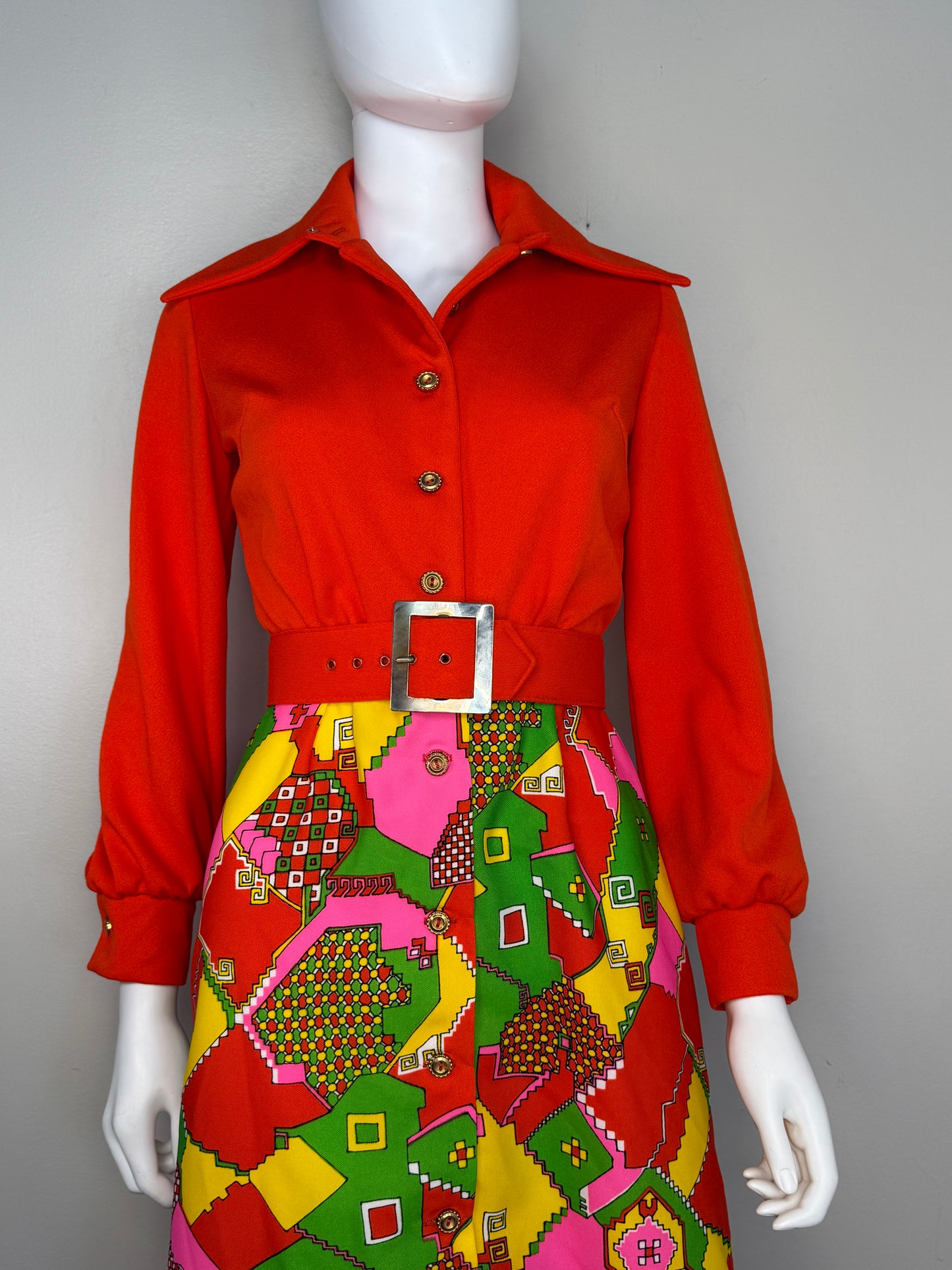 1970s Bright Psychedelic Print Maxi Dress, Orange Bodice, Junior Sixes Inc Size XS/S