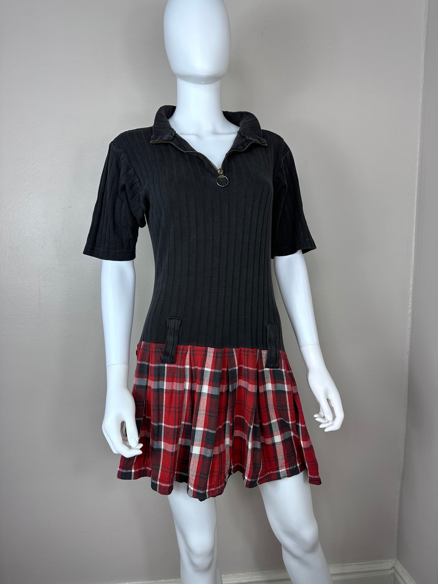 1990s Red Plaid and Black Rib Knit Mini Dress, Ultra Pink Size Small-Medium