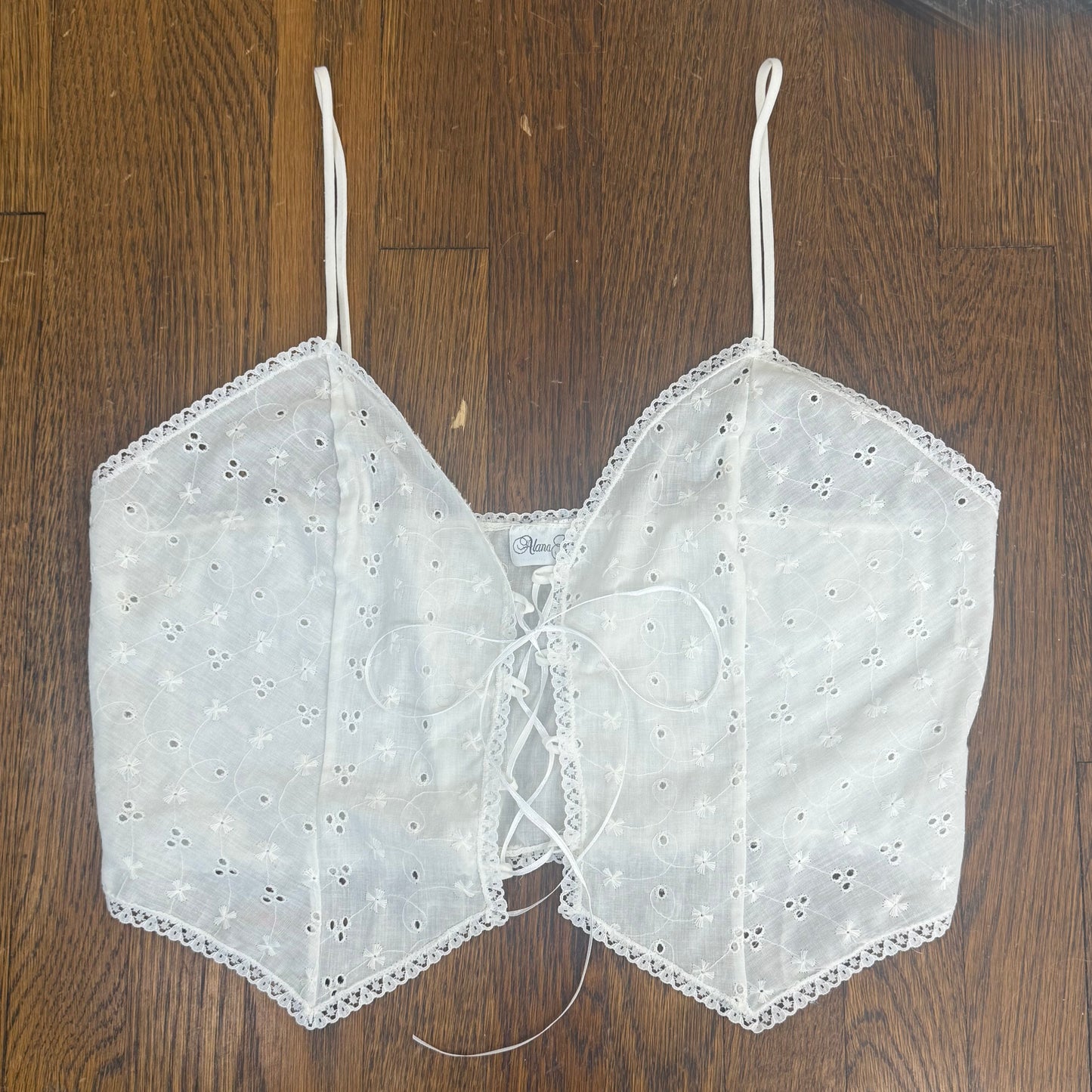 1980s White Eyelet Corset Top, Lace Up Lingerie Cropped Blouse, Alana Gale Size Large