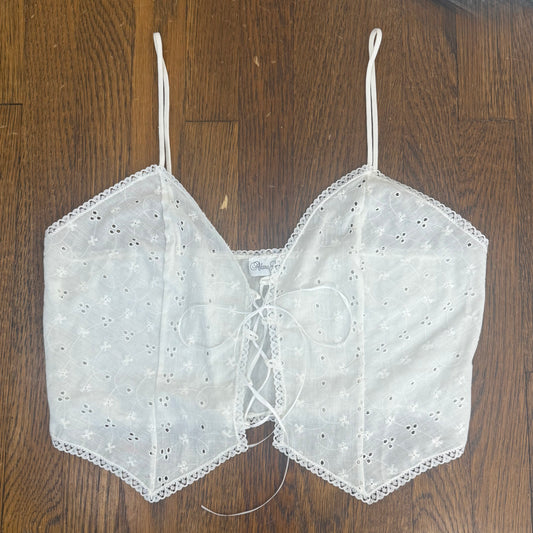 1980s White Eyelet Corset Top, Lace Up Lingerie Cropped Blouse, Alana Gale Size Large