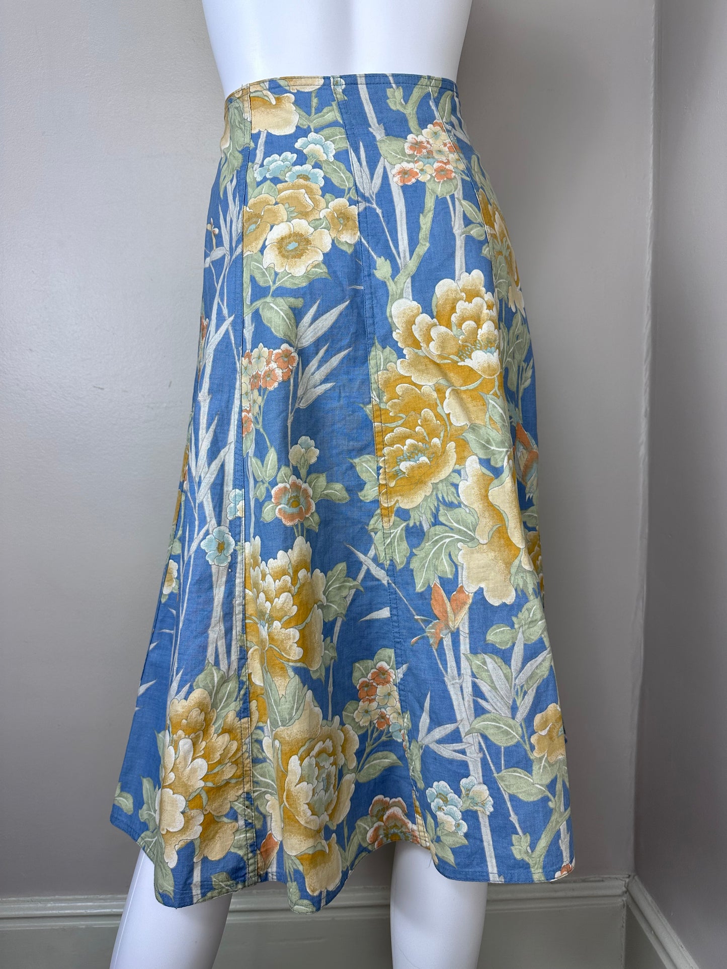 1970s Blue Floral with Butterflies Skirt, Ann Rhiger Size XS