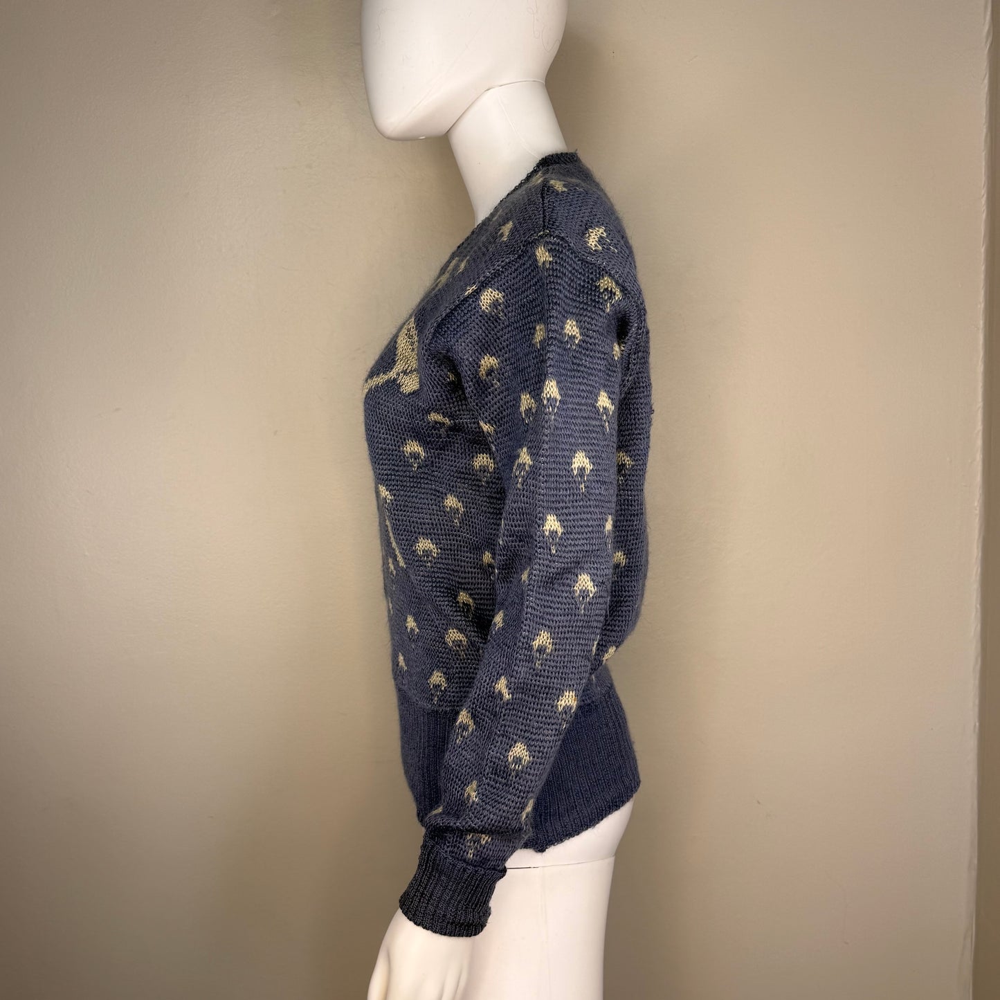 1940s Jantzen P-38 Sweater, Blue, Size 40, WW2 Fighter Jet Plane Novelty Knit