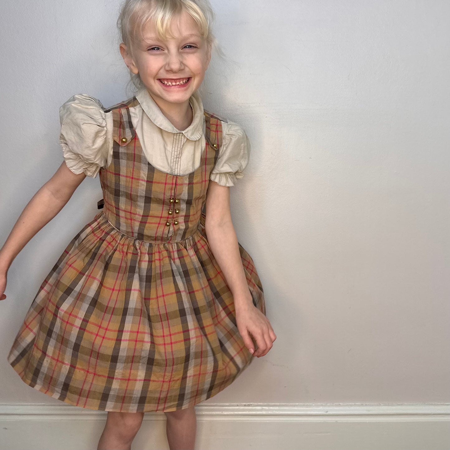 1950s Girls’ Brown Plaid Pinafore Dress with Puff Sleeves