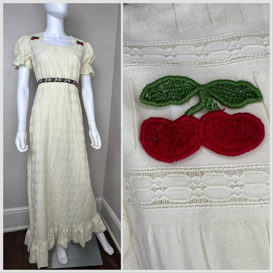 1970s Cream Lace Puff Sleeve Cottagecore Maxi Dress with Cherry Appliqués, Jo Jr Dallas