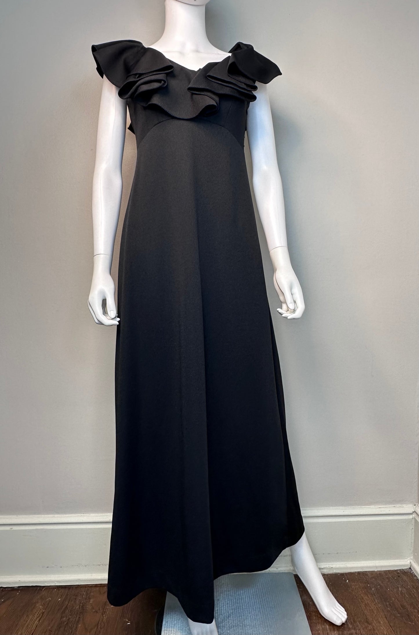 1970s Black Sleeveless Maxi Dress with Ruffle Neck, Size Small