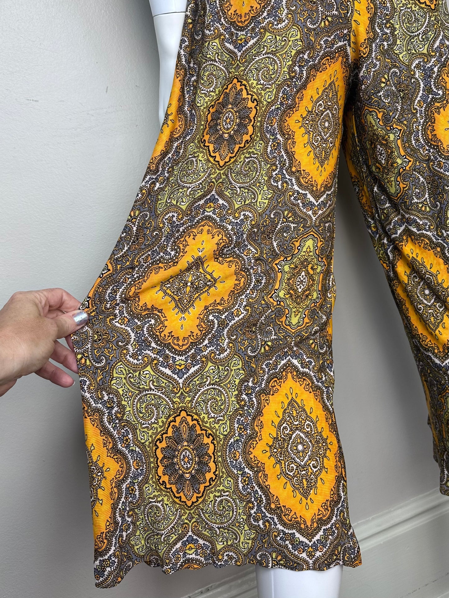 1970s Orange Paisley Print Jumpsuit, Size XS, Wide Leg, Empire Waist, Elastic Neck