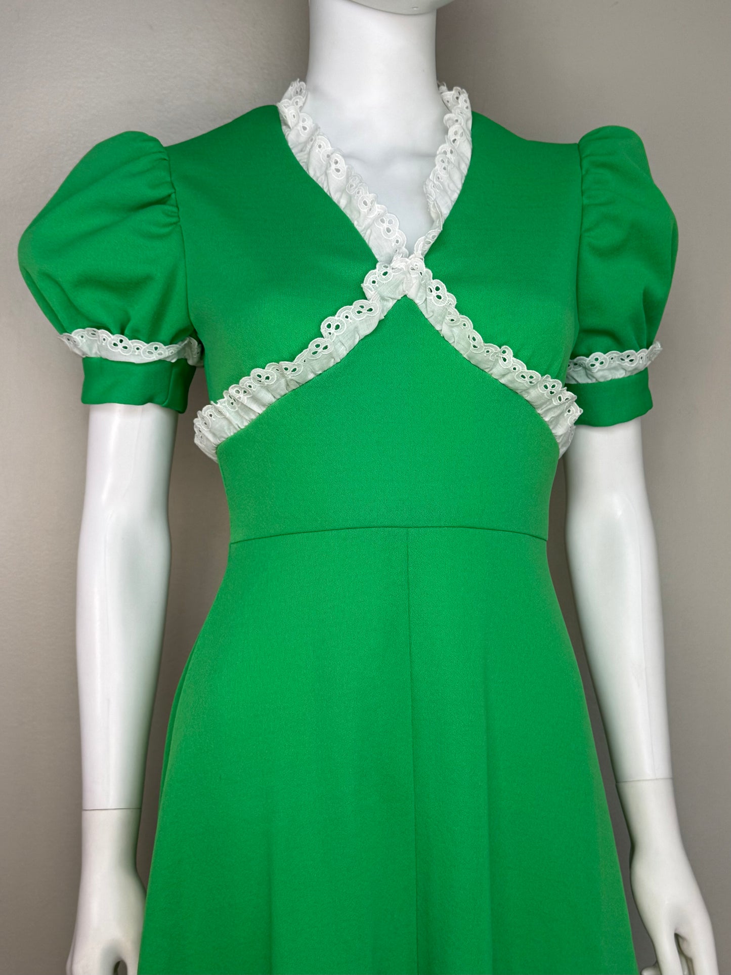 1970s Bright Green Maxi Dress with White Eyelet Trim, Homemade Size Small