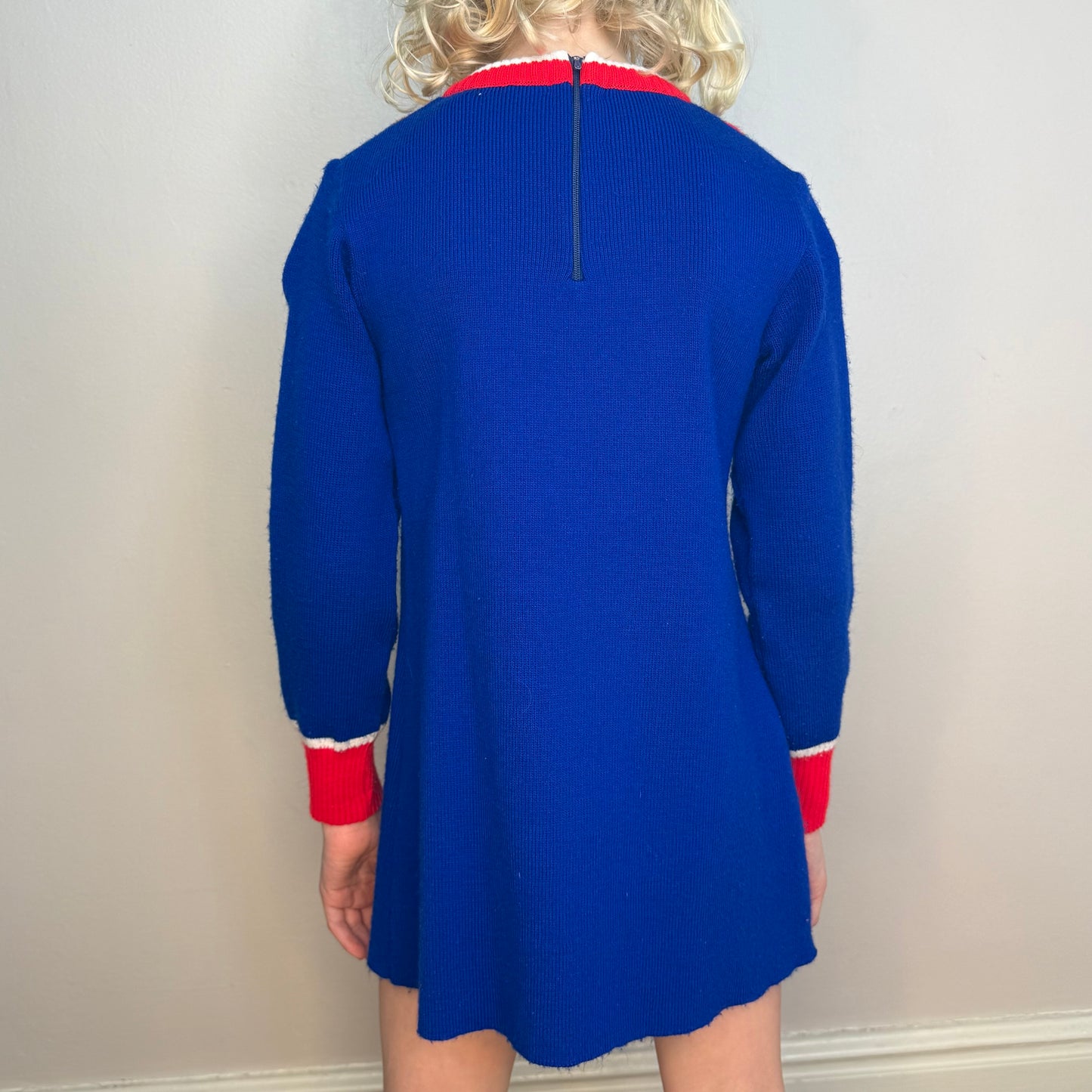 1970s Girl's Blue Knit Dress with Embroidered Cherries, Sears Size 6