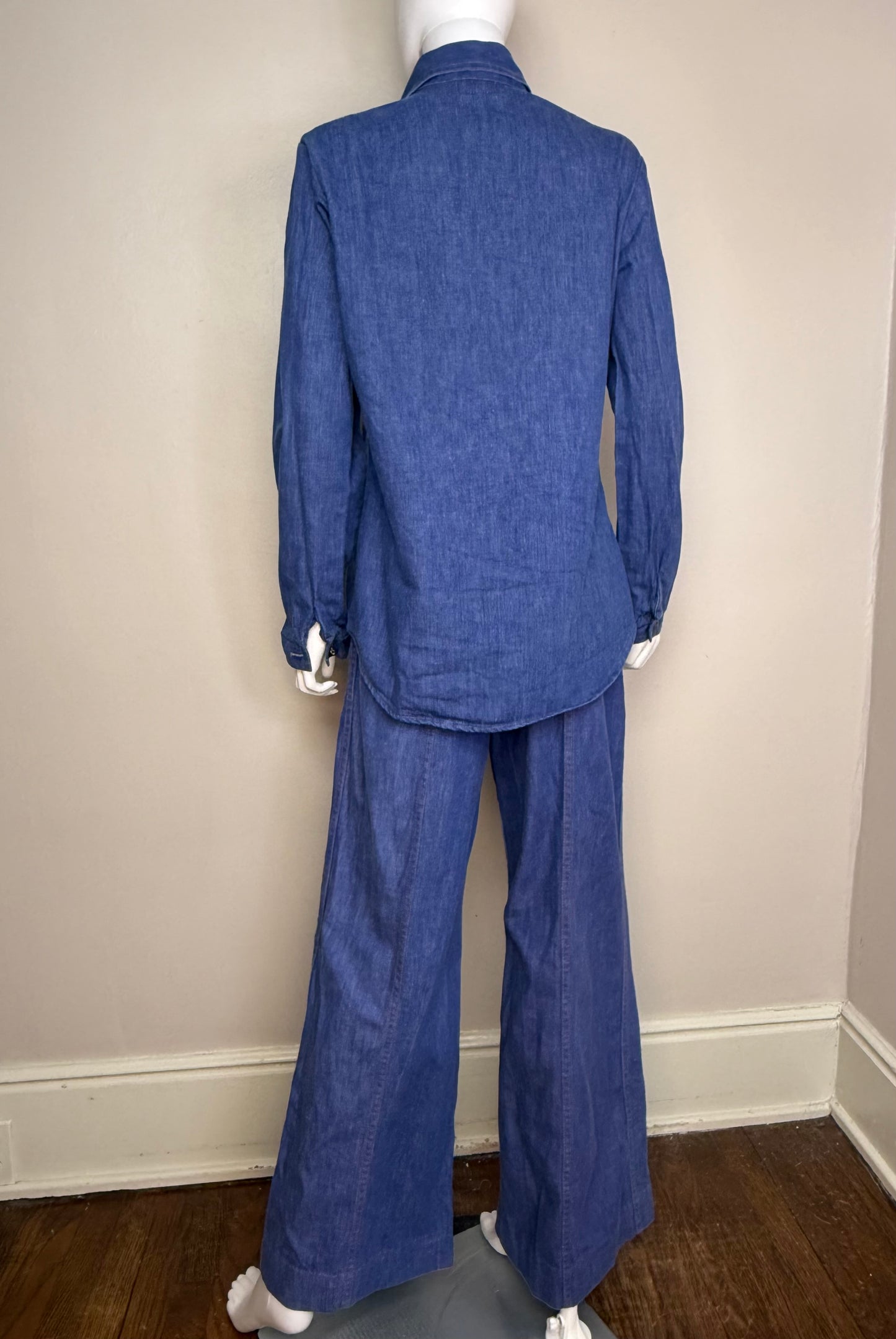 1970s Women’s Denim Suit, Shirt Jacket and Bell Bottom Blue Jeans Set, Sears Jr Bazaar Size Medium