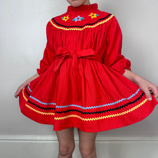 1980s Red Dress with Floral Appliqué and Ric Rack Trim, Nana's Pet J.C. Penney Size 3