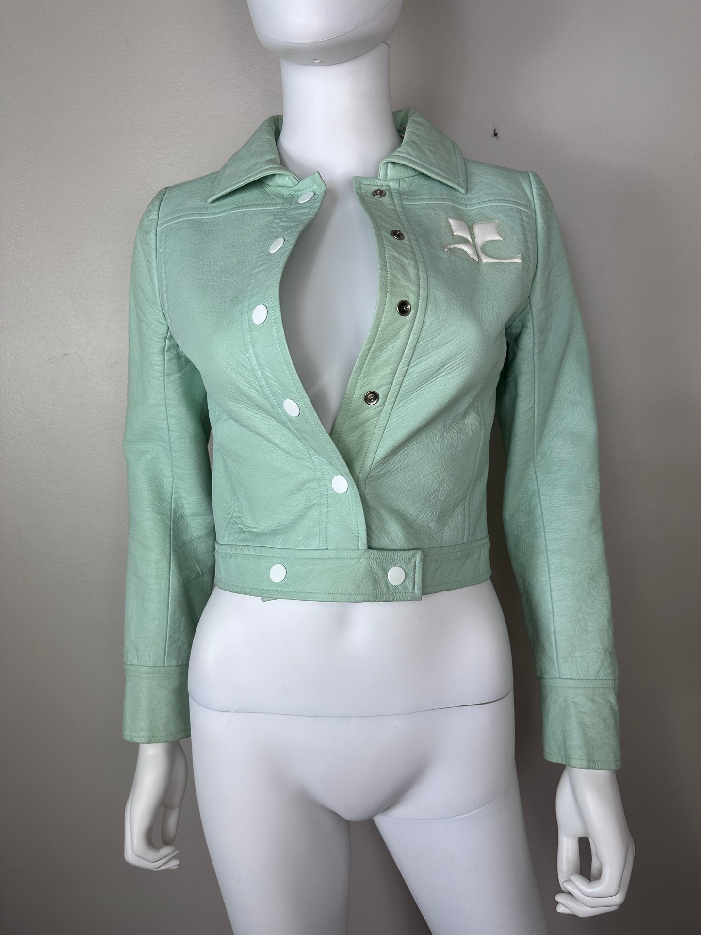 1970s Courrèges Paris Hyperbole Mint Green Vinyl Jacket, Size 00/XXS