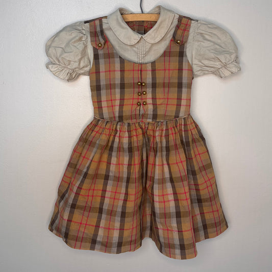 1950s Girls’ Brown Plaid Pinafore Dress with Puff Sleeves