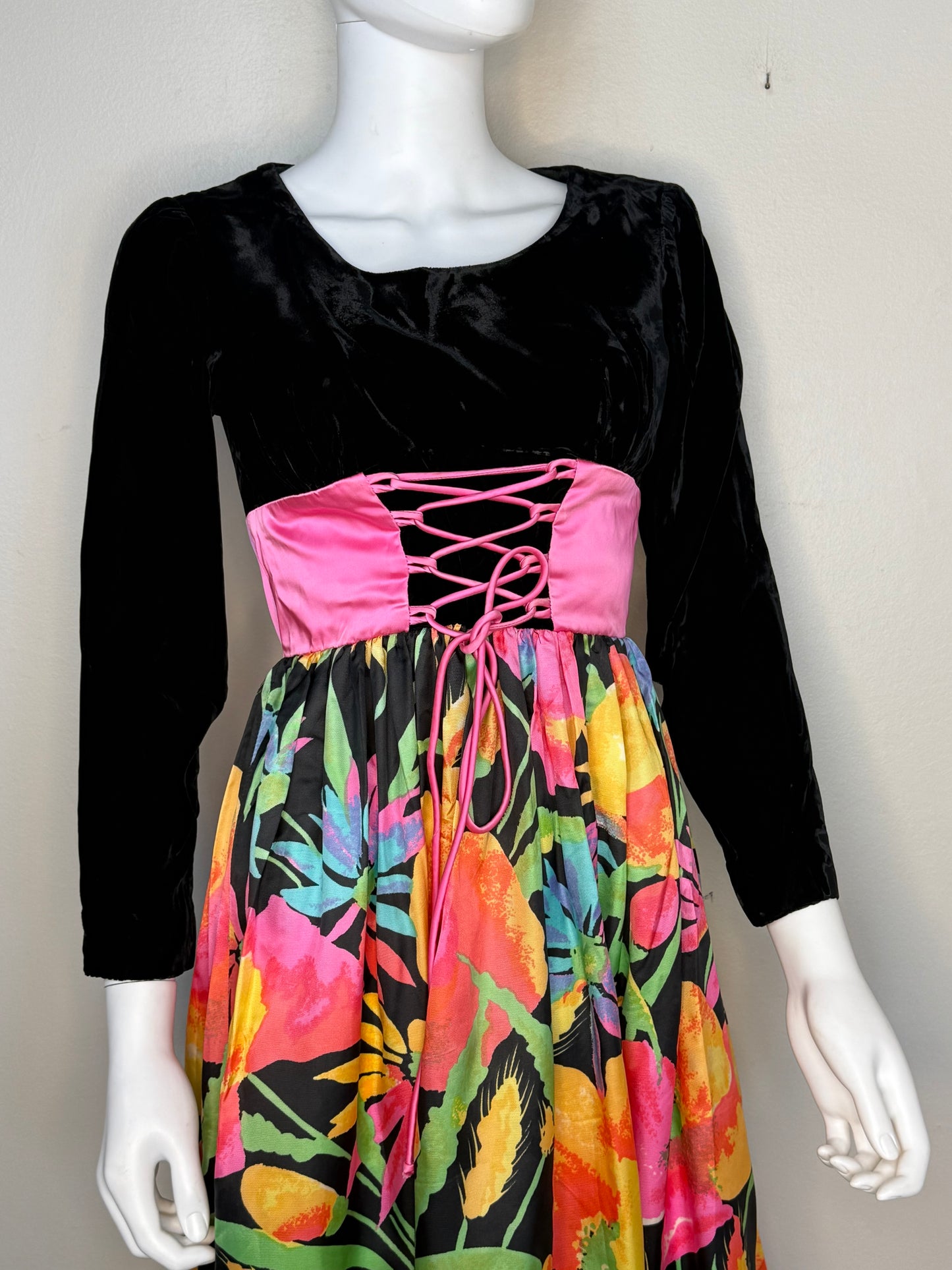 1970s Bright Psychedelic Floral Dress with Pink Corset Waist, Black Velvet Bodice, Size X-Small