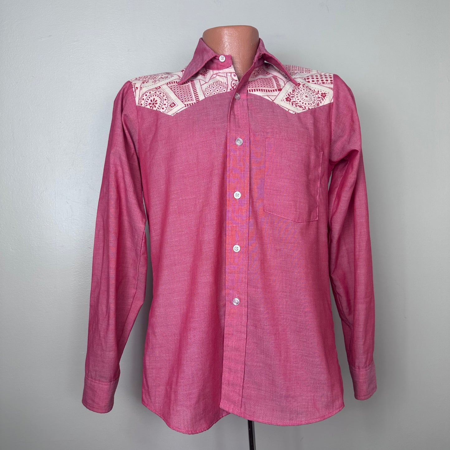 1970s Red Western Shirt with Bandana Print Yoke, James Davis Size Small