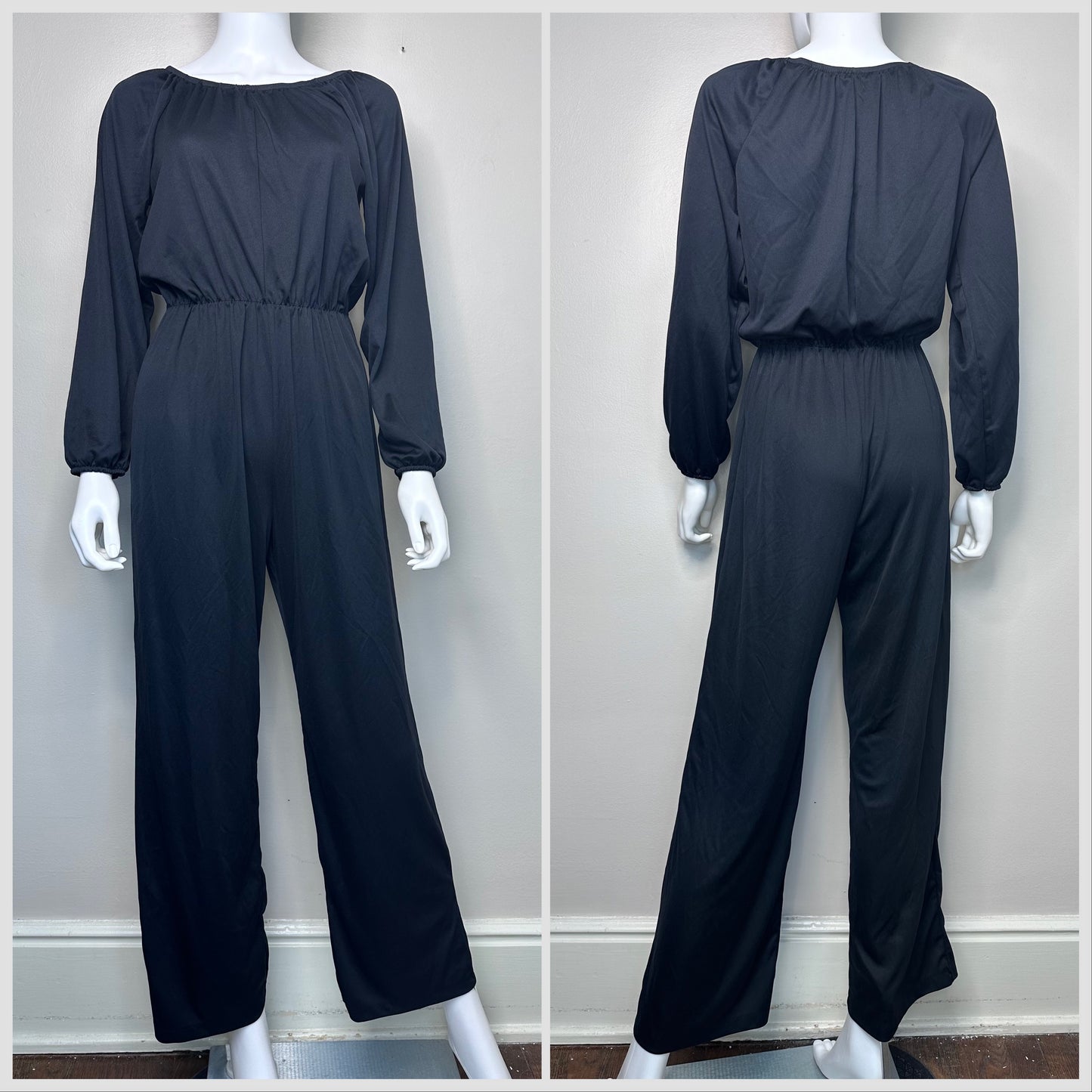 1980s Black Longsleeve Jumpsuit with Elastic Neck, Anthony Richards Size Small-Medium, Hostess Loungewear