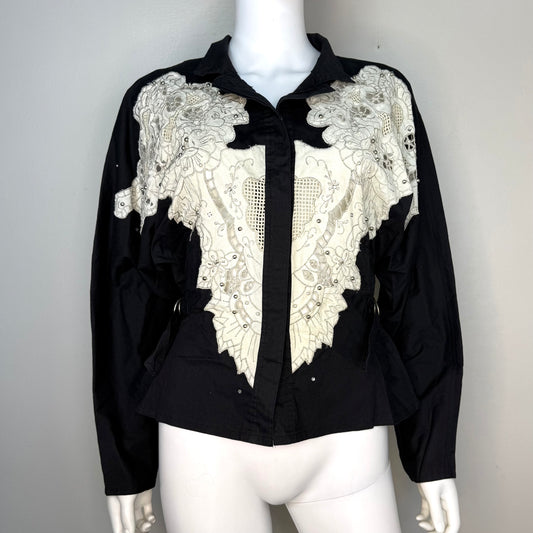 1980s Black Blouse with Lace Inserts, Side Buckles, Trash Clothing Size S/M, Embellished with Studs Rhinestones and Pearls