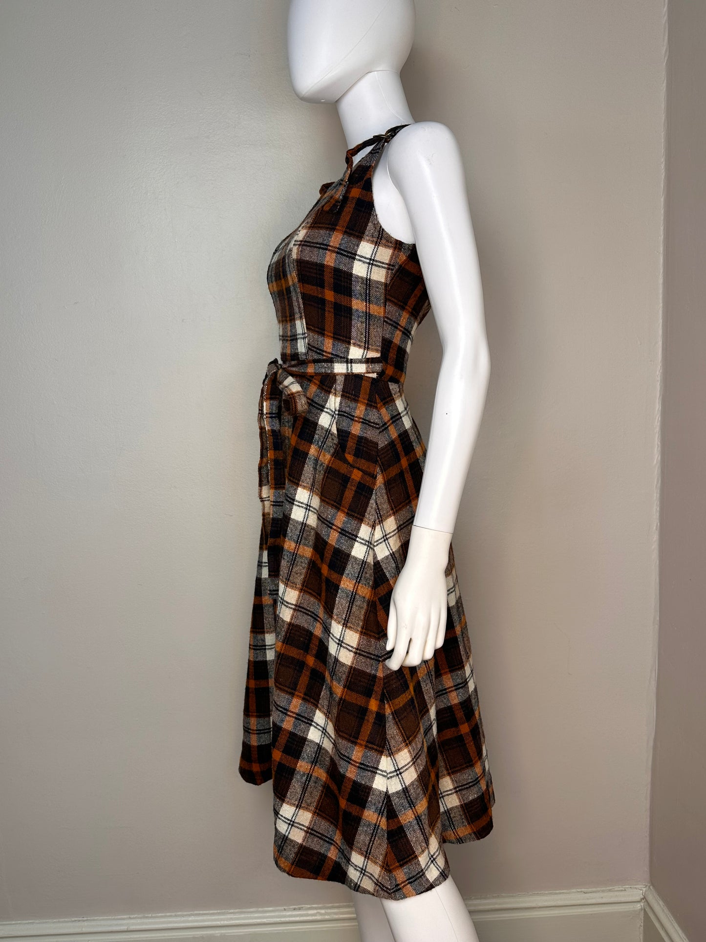 1970s Brown Plaid Sleeveless Wrap Dress, Terri Juniors California, Jumper