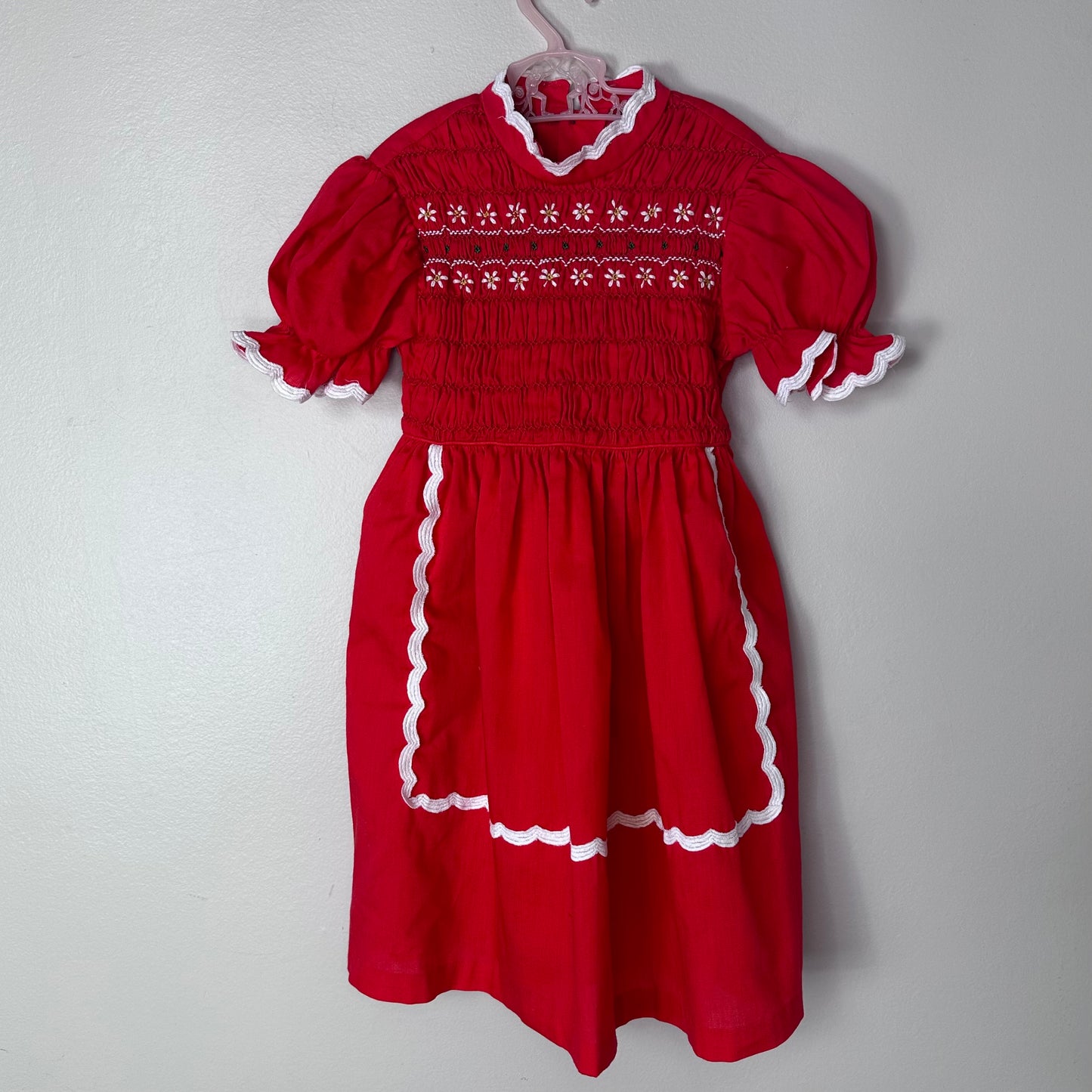 1970s/80s Red Smocked Short Sleeve Dress with Rick Rack Trim, Size 5, Floral