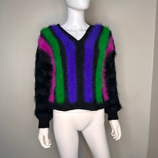 1980s Neon and Black Angora Stripe Sweater, Hand Knit One of a Kind, Size Small-Medium