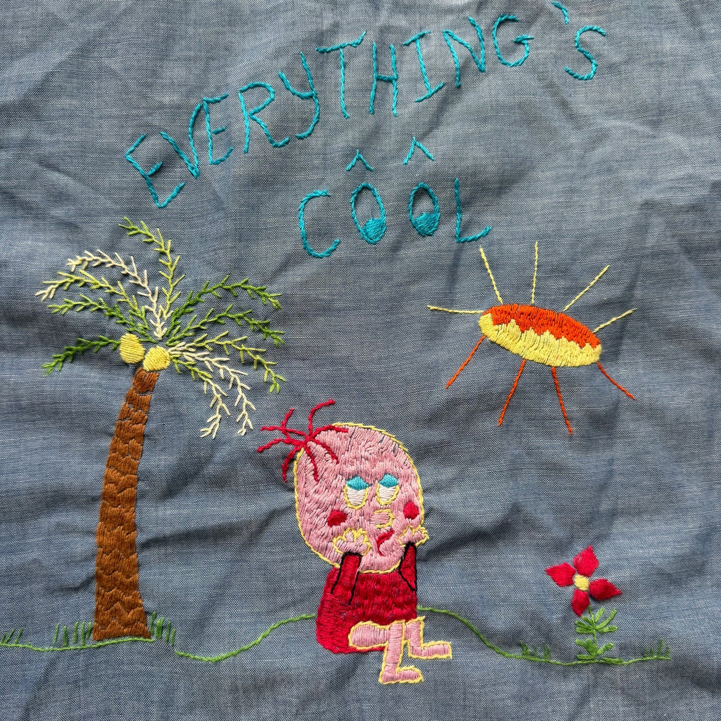 1970s Chambray Shirt with Embroidery, Size Small, Everything’s Fine, Shroom, Smiley, Hand Embroidered