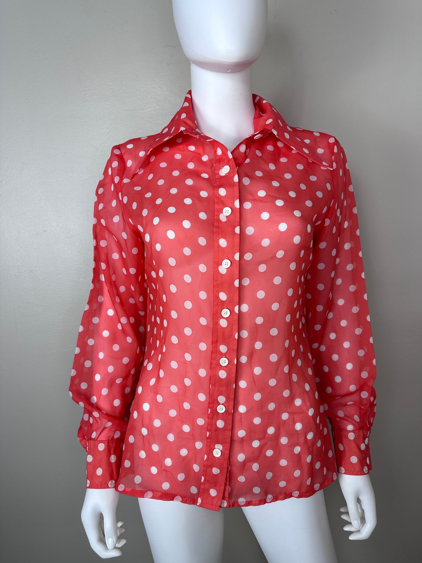 1970s Sheer Coral Polka Dot Blouse, Act III Size M/L, As-Is