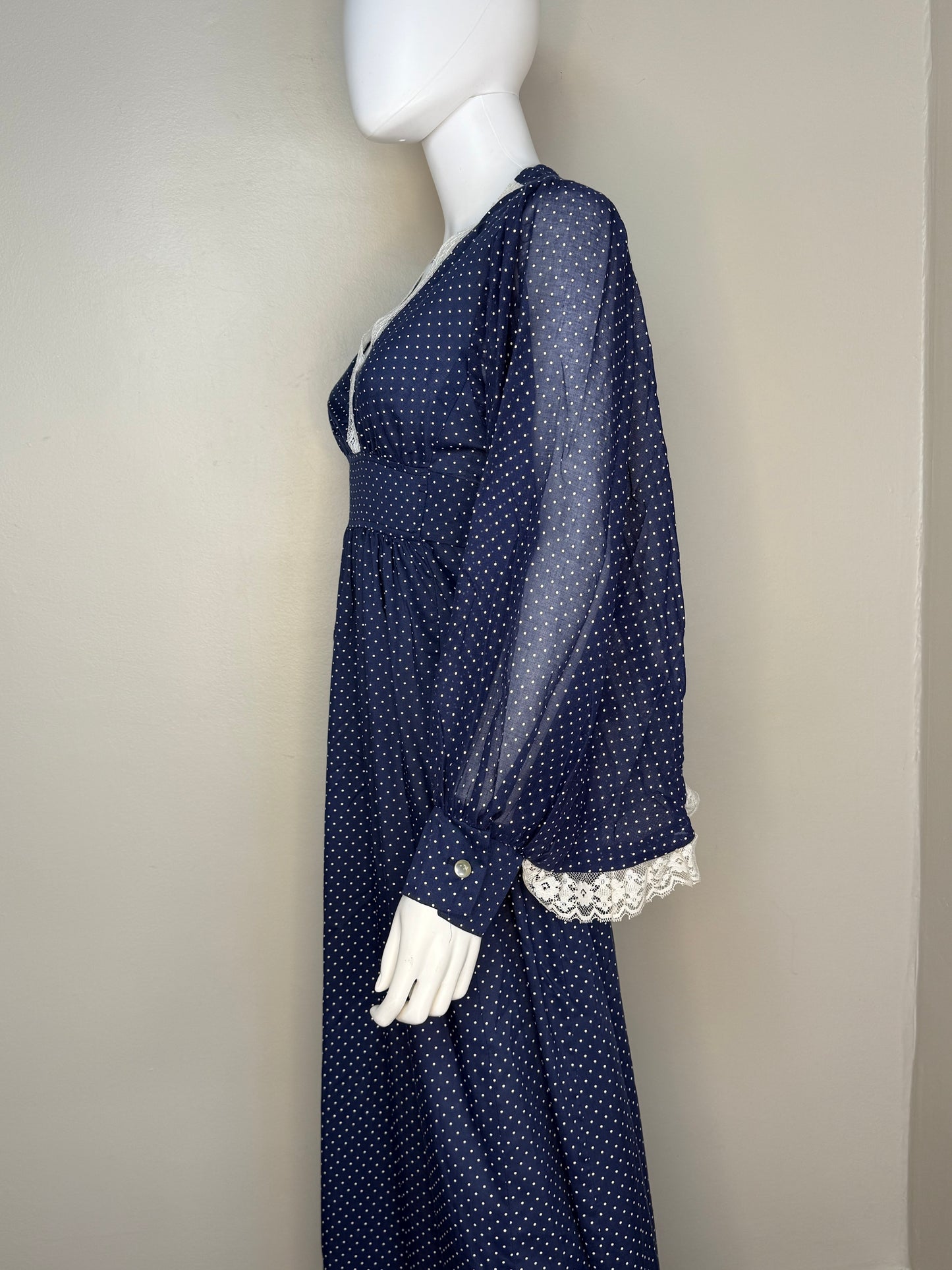 1970s Navy Blue Polka Dot Maxi Dress, Size Small-Medium, Huge Bishop Sleeves with Lace Trim