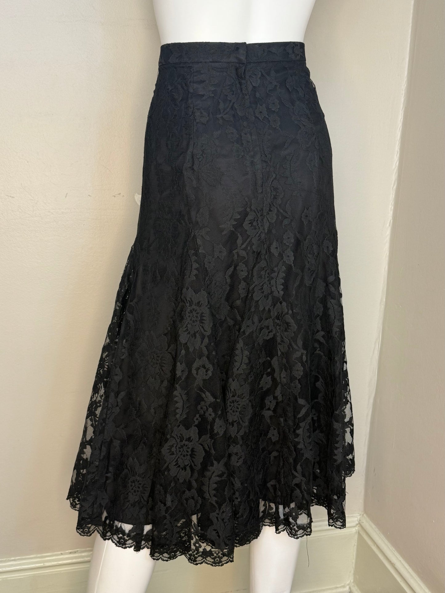 1970s Black Lace Midi Trumpet Skirt, Size XS