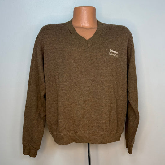 1960s Brown V Neck Sweater, Missouri University, Velva Sheen Size Large, Sweatshirt